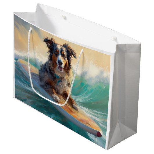 Australische herder strand surfen schilderij groot cadeauzakje (Voorkant Gekanteld)
