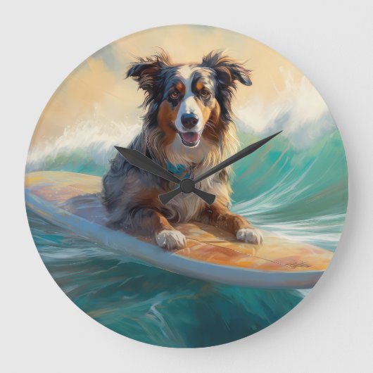 Australische herder strand surfen schilderij grote klok (Voorkant)