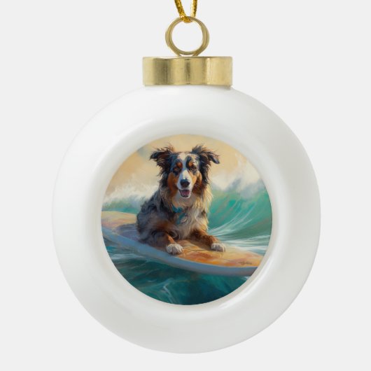 Australische herder strand surfen schilderij keramische bal ornament (Voorkant)