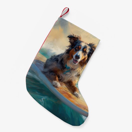 Australische herder strand surfen schilderij kleine kerstsok (Voorkant (Hangend))