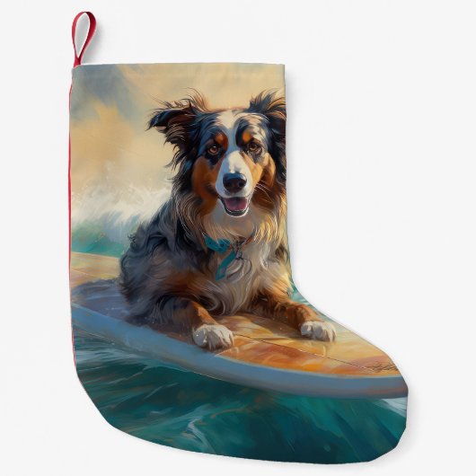 Australische herder strand surfen schilderij kleine kerstsok (Voorkant)