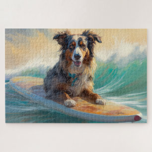 Australische herder strand surfen schilderij legpuzzel