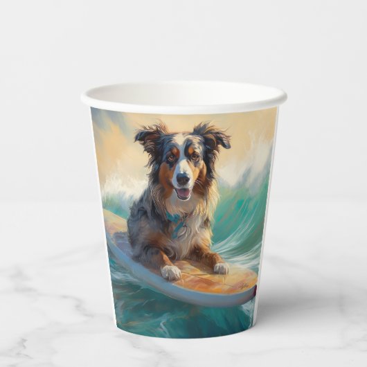 Australische herder strand surfen schilderij papieren bekers (Achterkant)