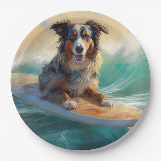 Australische herder strand surfen schilderij papieren bordje
