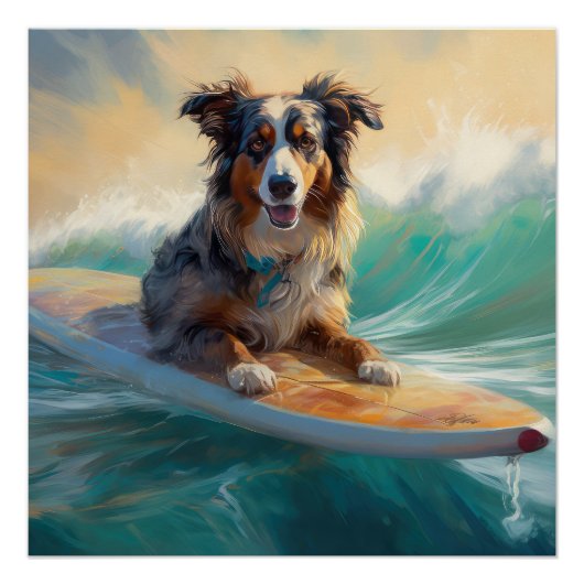 Australische herder strand surfen schilderij perfect poster (Voorkant)