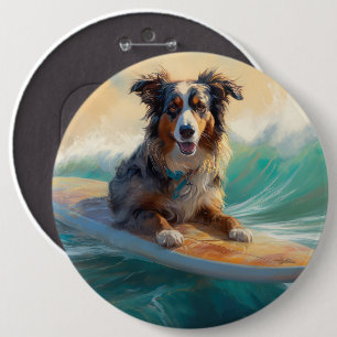 Australische herder strand surfen schilderij ronde button 6,0 cm