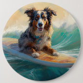 Australische herder strand surfen schilderij ronde button 6,0 cm (Voorkant)