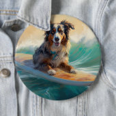 Australische herder strand surfen schilderij ronde button 6,0 cm (In situ)