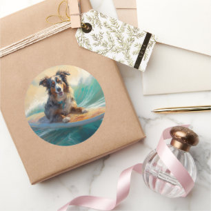 Australische herder strand surfen schilderij ronde sticker