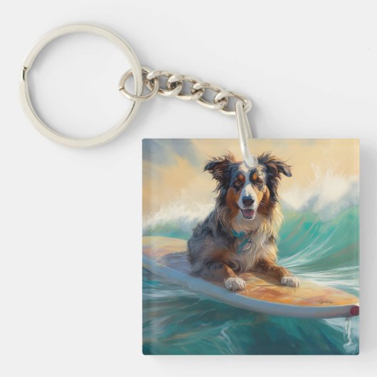 Australische herder strand surfen schilderij sleutelhanger (Voorkant)