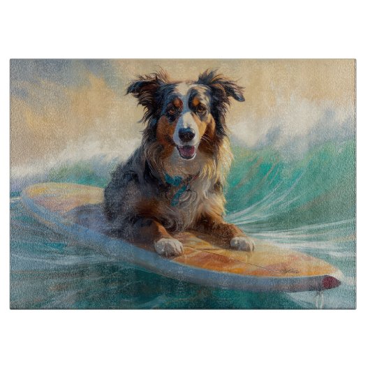 Australische herder strand surfen schilderij snijplank (Voorkant)
