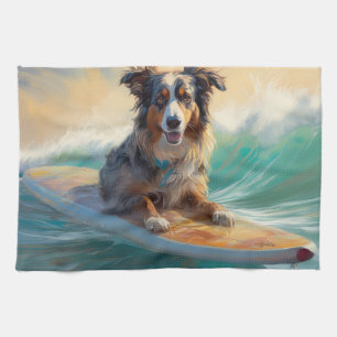 Australische herder strand surfen schilderij theedoek