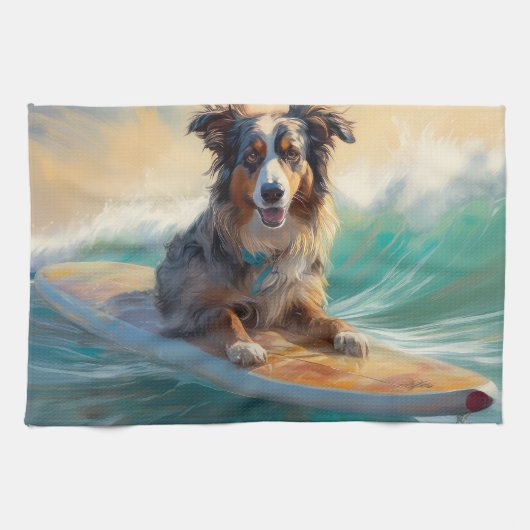 Australische herder strand surfen schilderij theedoek (Horizontaal)