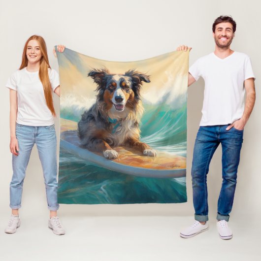 Australische Herder Strand Surfing Schilderij Fleece Deken (In situ)