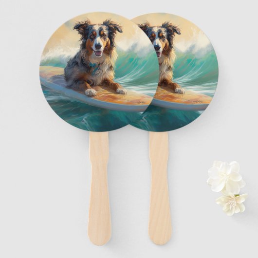 Australische Herder Strand Surfing Schilderij Handwaaier (Voorkant en achterkant)