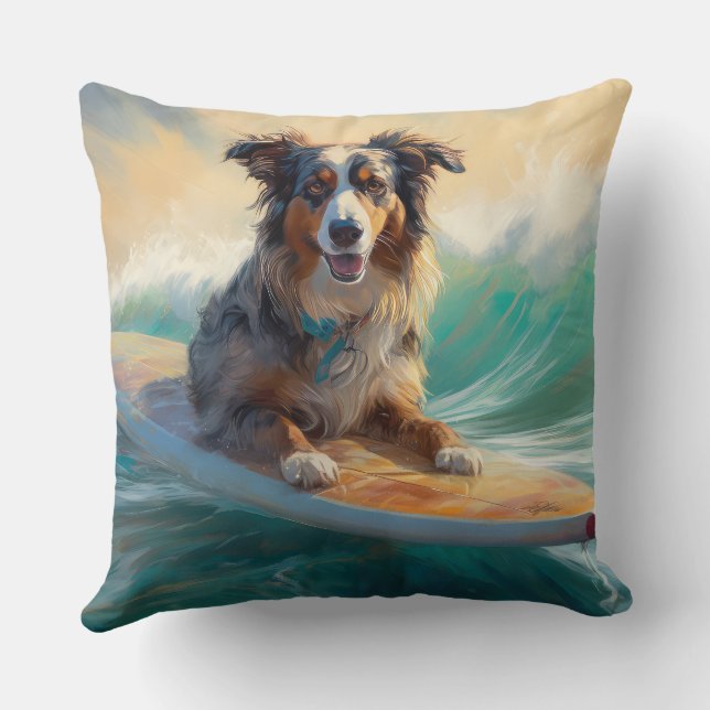 Australische Herder Strand Surfing Schilderij Kussen (Achterkant)