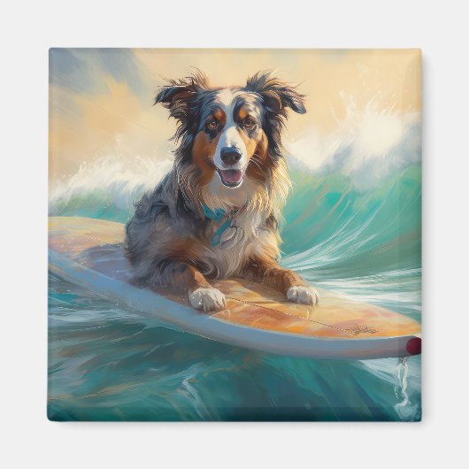 Australische Herder Strand Surfing Schilderij Magneet (Voorkant)