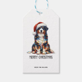 Australische herder verpakt in kerstlicht cadeaulabel