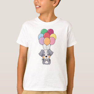 Australische herder vliegt met kleurrijke ballonne t-shirt