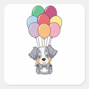 Australische herder vliegt met kleurrijke ballonne vierkante sticker