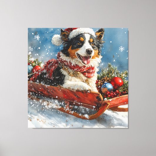 Australische herdershond in slee Kerstmis Canvas Afdruk (Voorkant)