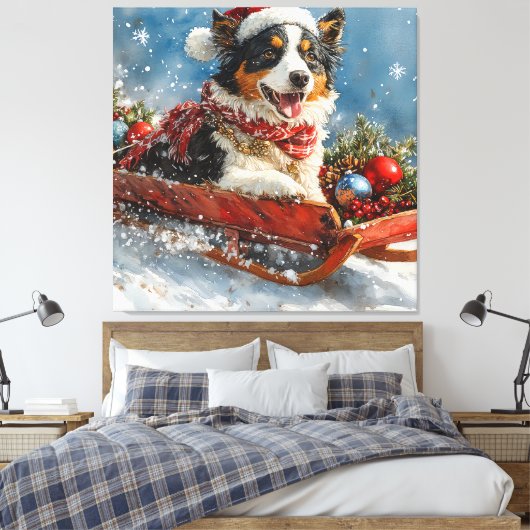 Australische herdershond in slee Kerstmis Canvas Afdruk (Insitu (Slaapkamer))