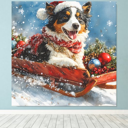 Australische herdershond in slee Kerstmis Canvas Afdruk (Insitu (Houten vloer))