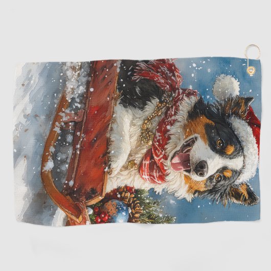 Australische herdershond in slee Kerstmis Golfhanddoek (Horizontaal)