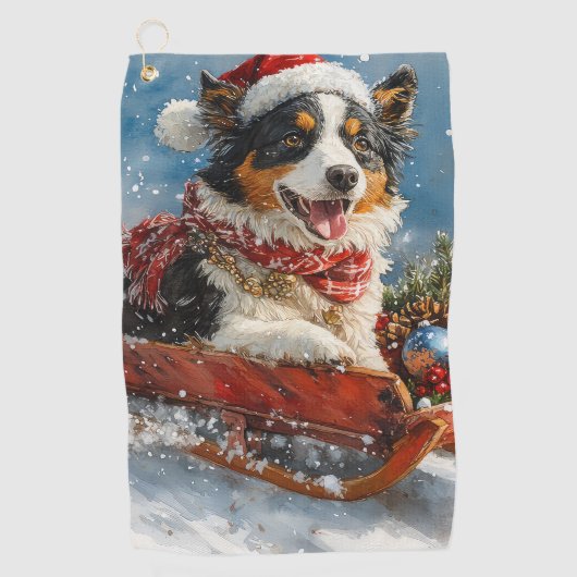 Australische herdershond in slee Kerstmis Golfhanddoek (Voorkant)