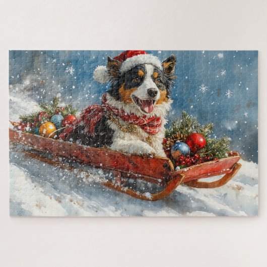 Australische herdershond in slee Kerstmis Legpuzzel (Horizontaal)