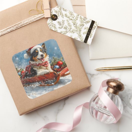 Australische herdershond in slee Kerstmis Vierkante Sticker (Geschenken)