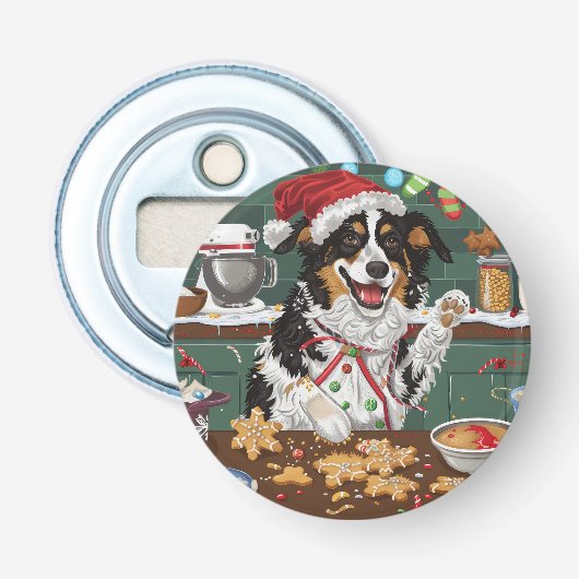 Australische Herdershond Kerstbakkerij Kerstmis Button Flesopener (Voorkant)