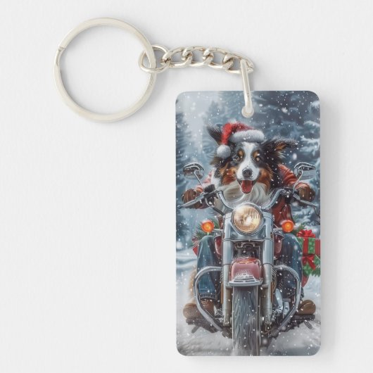 Australische Herdershond op Motorfiets Kerstmis Sleutelhanger (Voorkant)