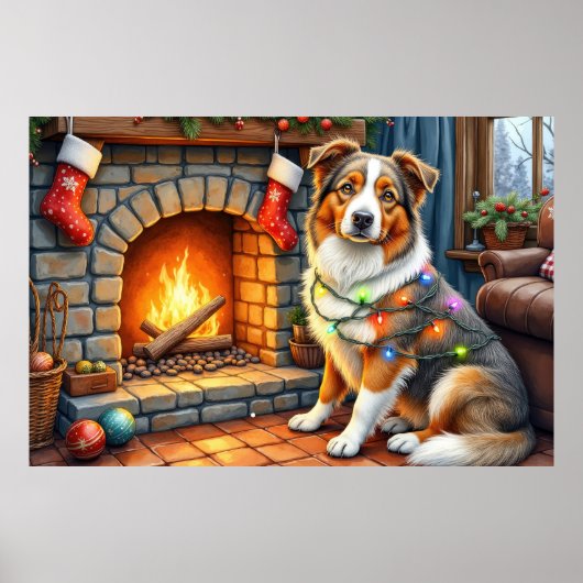 Australische Herdershond Open Haard met Kerstlicht Poster (Voorkant)