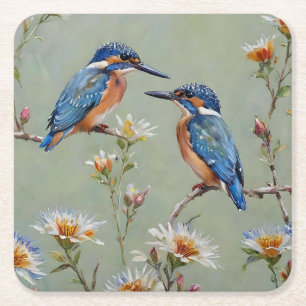 Australische ijsvogel vogels en bloemen olieverf, kartonnen onderzetters