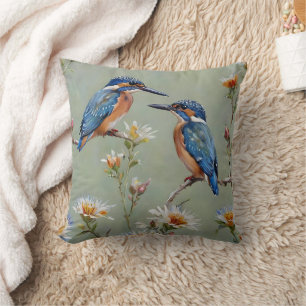 Australische ijsvogel vogels en bloemen olieverf, kussen