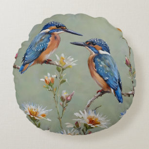 Australische ijsvogel vogels en bloemen olieverf, rond kussen