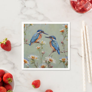 Australische ijsvogel vogels en bloemen olieverf, servet