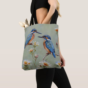 Australische ijsvogel vogels en bloemen olieverf, tote bag