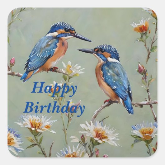 Australische ijsvogel vogels en bloemen olieverf, vierkante sticker (Voorkant)