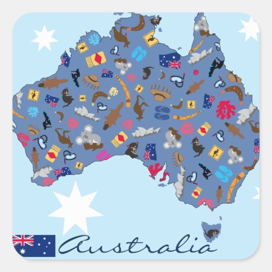 Australische kaart met culturele items vierkante sticker (Voorkant)