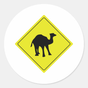 Australische kameel verkeersbord geel ronde sticker