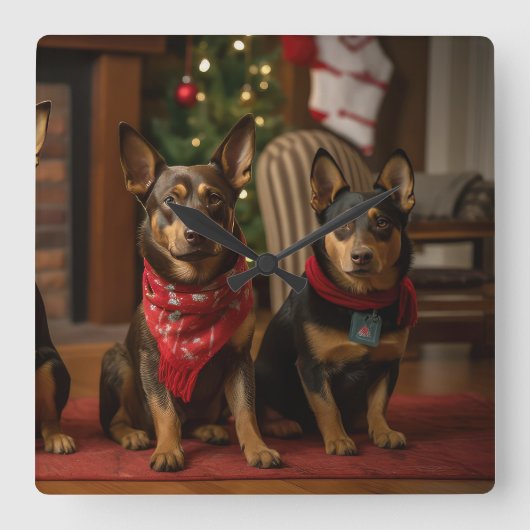 Australische Kelpie bij de open haard Kerstmis Vierkante Klok (Voorkant)