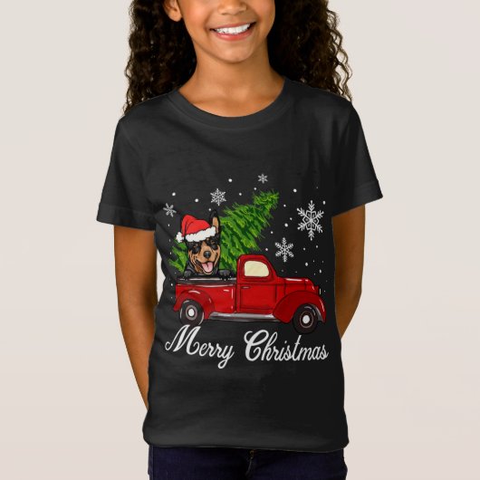 Australische Kelpie Dog Riding Red Truck Kerstmis  T-shirt (Voorkant)