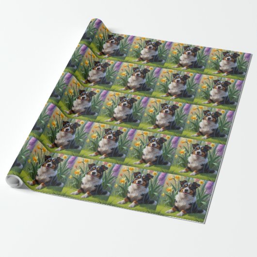 Australische Kelpie Dog Spring Bloemen Schilderen Cadeaupapier (Uitgerold)