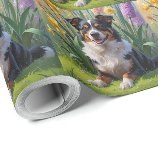 Australische Kelpie Dog Spring Bloemen Schilderen Cadeaupapier (Rol Hoek)