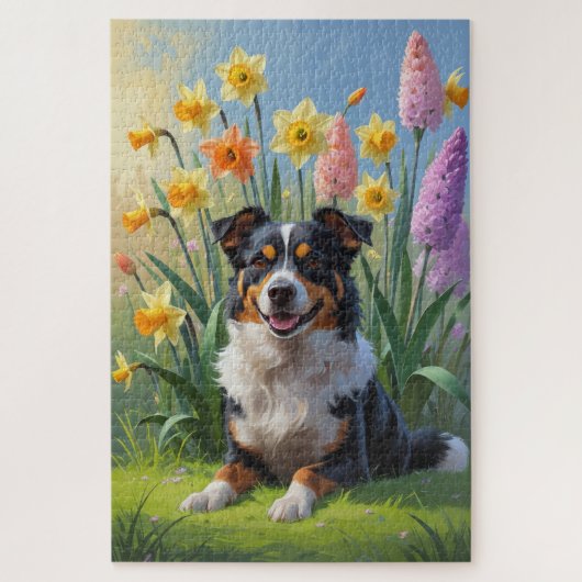 Australische Kelpie Dog Spring Bloemen Schilderen Legpuzzel (Verticaal)