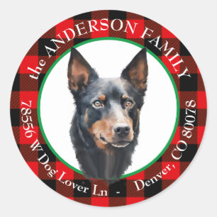 Australische Kelpie hond Buffalo Plaid Retouradres Ronde Sticker