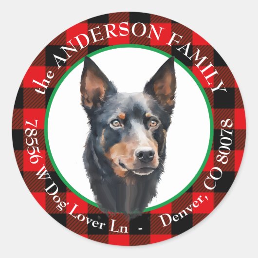 Australische Kelpie hond Buffalo Plaid Retouradres Ronde Sticker (Voorkant)