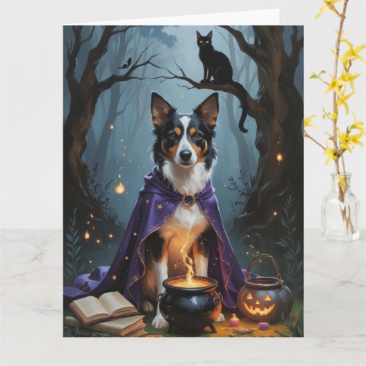 Australische Kelpie hond grillig Halloween schilde Kaart (Gele Bloem)